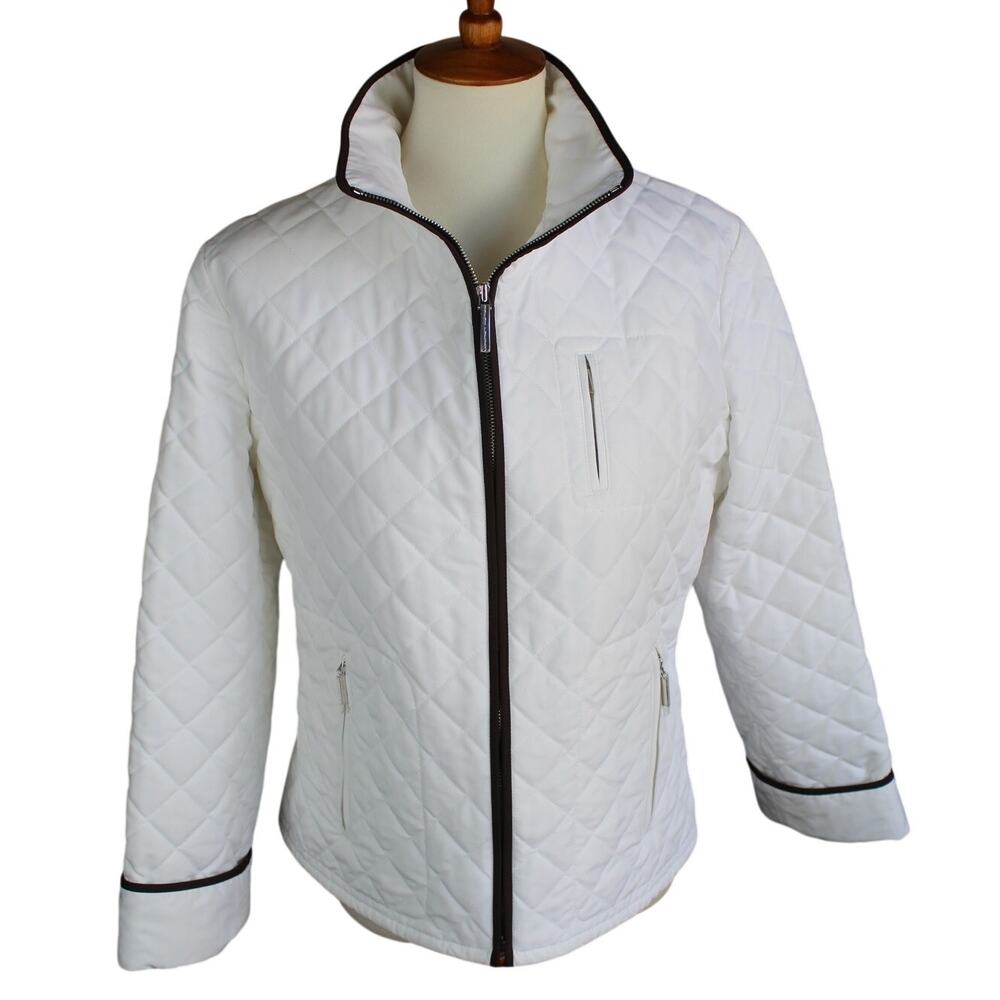 Ralph Lauren Quilted Jacket Womens Size 12 White Brown Full Zip Preppy Golf